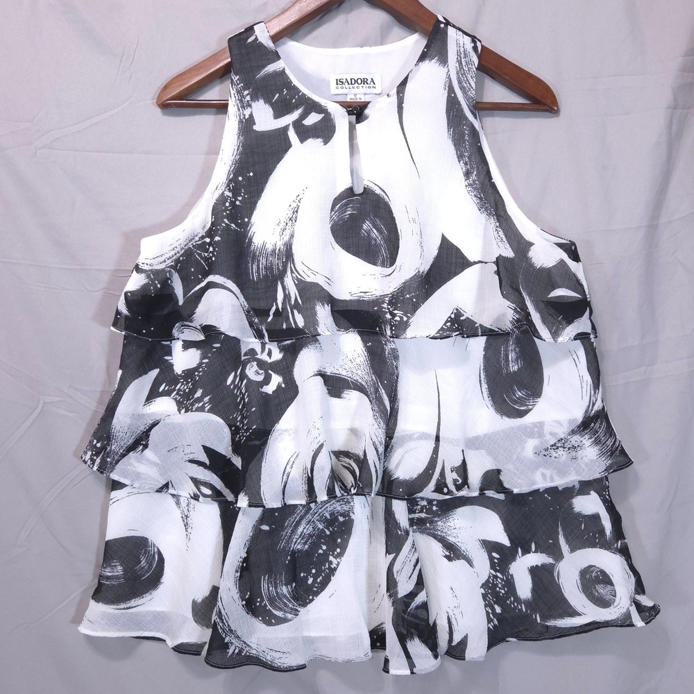 Isadora Chiffon Tiered Ruffle Blouse Womens 12 Black White Abstract Artsy Flowy